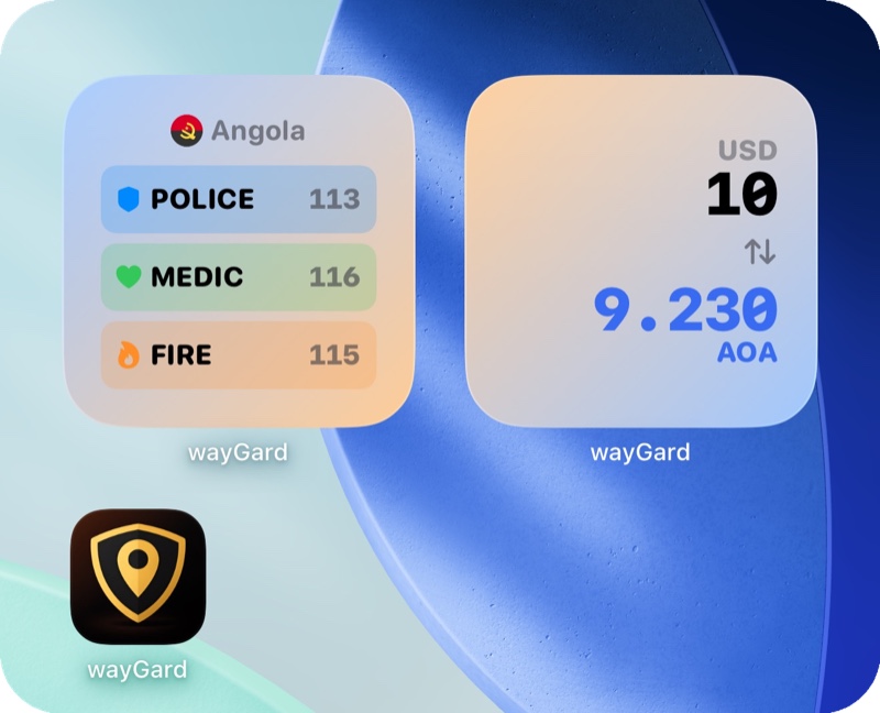 wayGard widgets for Angola showing emergency numbers and currency conversion