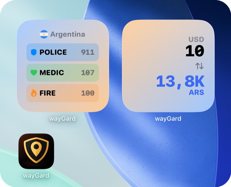 wayGard widgets for Argentina showing emergency numbers and currency conversion