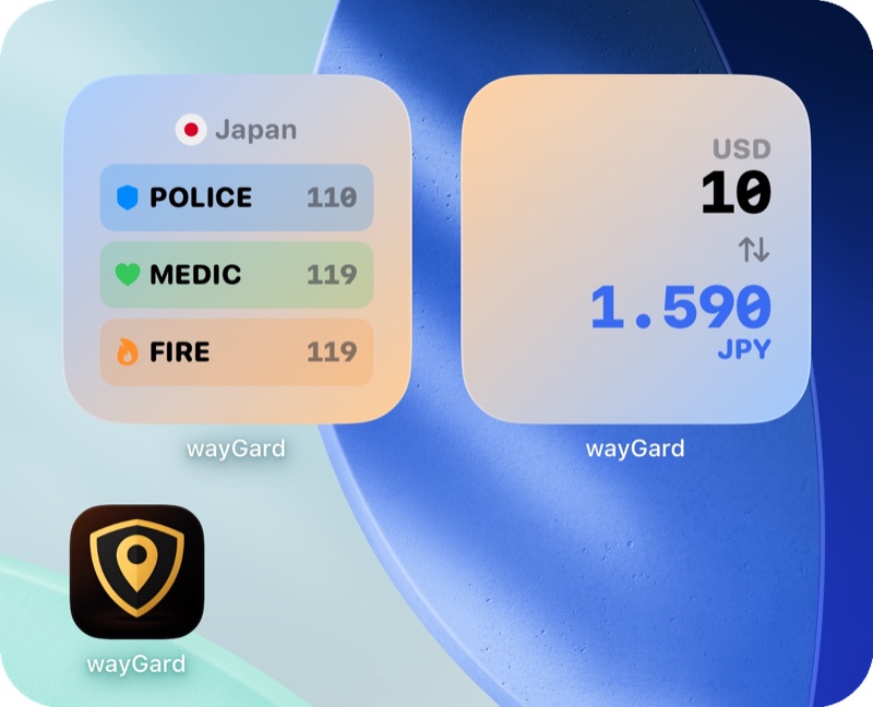wayGard widgets for Japan showing emergency numbers and currency conversion