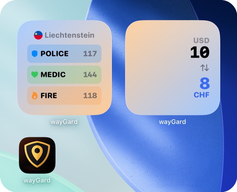 wayGard widgets for Liechtenstein showing emergency numbers and currency conversion